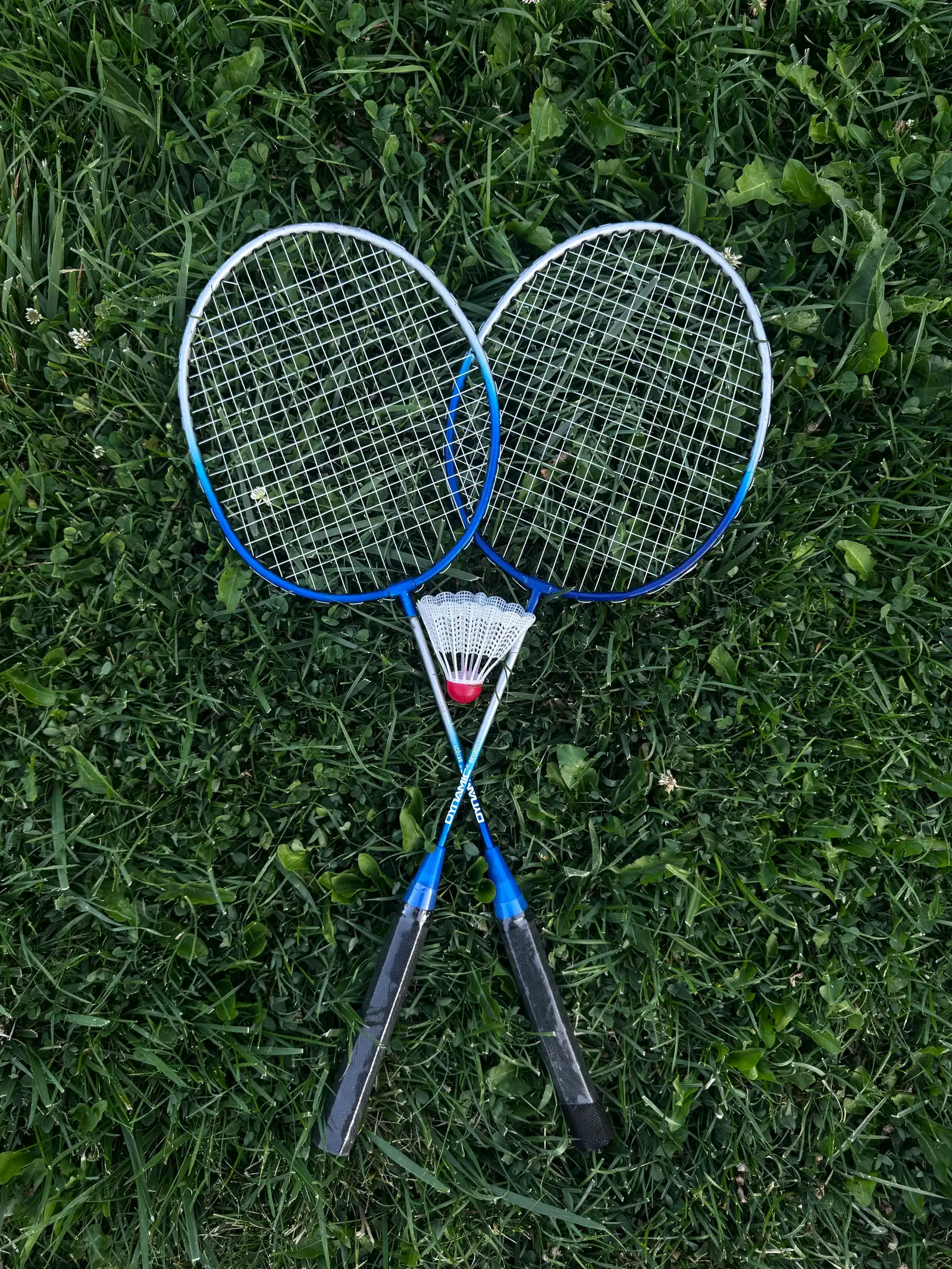 Two blue badminton rackets and white shuttlecock placed on green grass